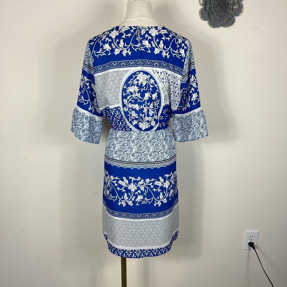 Multiflora Dress Womens XL Blue White Floral Boho Tie Waist Bell Sleeve Ruffle - Picture 2 of 11